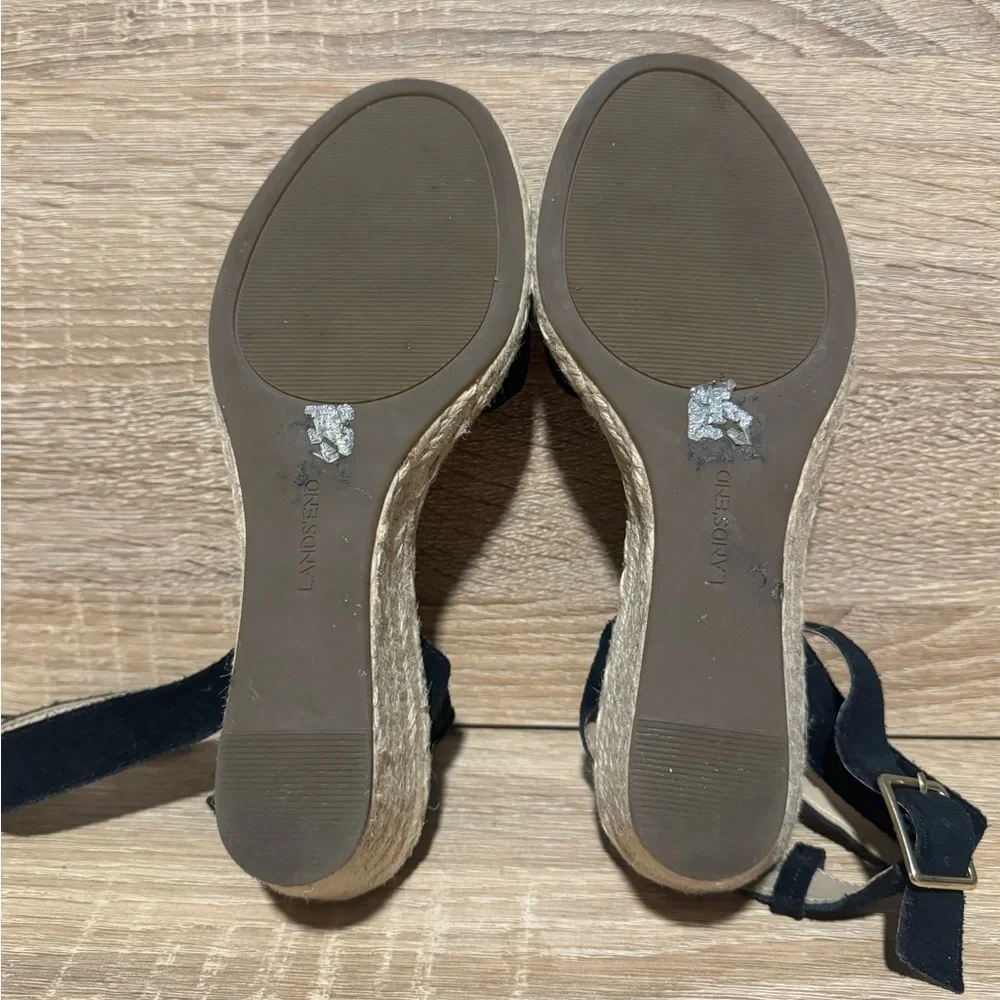 Lands End Womens Black Espadrilles Wedge Heels Sandals Size 6.5 Ankle Strap